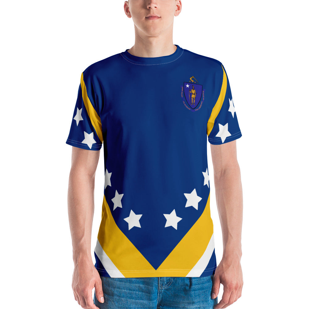 star print crew neck short sleeve shirt | Classic befadias shirt |  white / yellow stripe shirt | Because It Fits | Massachusetts | flag |  Halloween |  mustard | stars | crew neck | blue shirt  